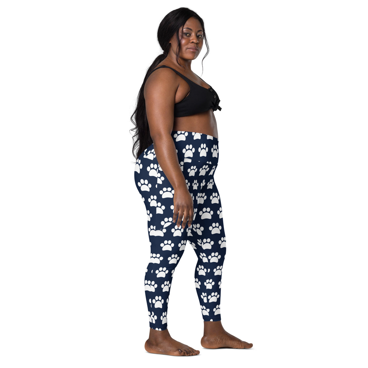 Women’s Navy Blue Paw Print Yoga Leggings With Pockets – High-Waisted, Soft Compression Active Pants