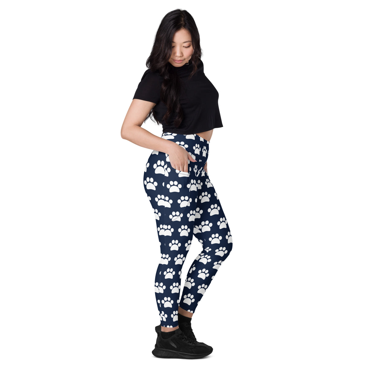 Women’s Navy Blue Paw Print Yoga Leggings With Pockets – High-Waisted, Soft Compression Active Pants