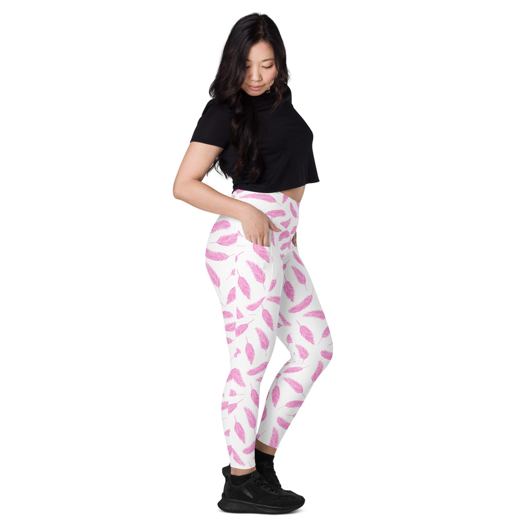 Women’s Pink Flamingo Feather Yoga Leggings With Pockets – High-Waisted, Soft Compression Active Pants