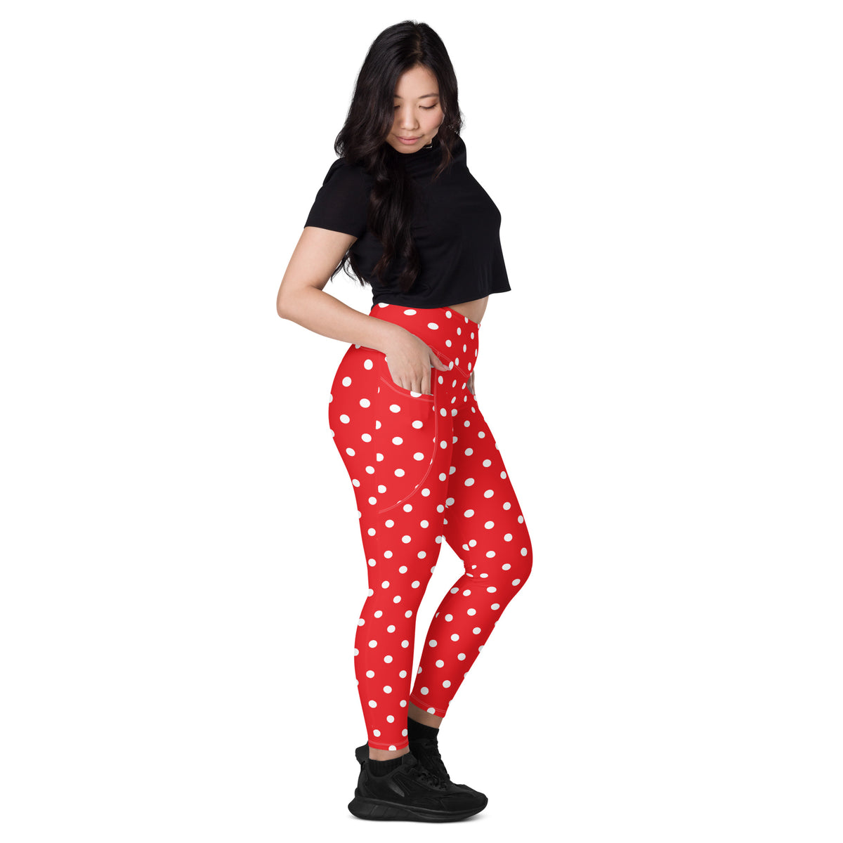 Women’s Red Polka Dot Yoga Leggings With Pockets – High-Waisted, Soft Compression Active Pants