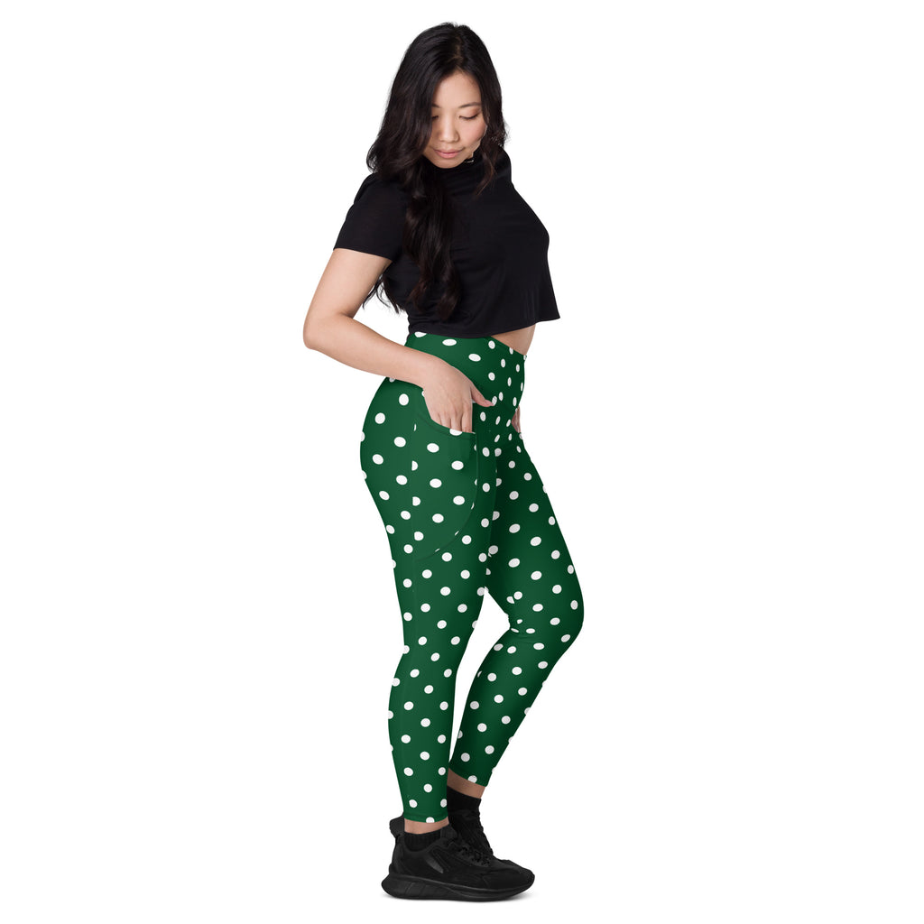 Women’s Forest Green Polka Dot Yoga Leggings With Pockets – High-Waisted, Soft Compression Active Pants