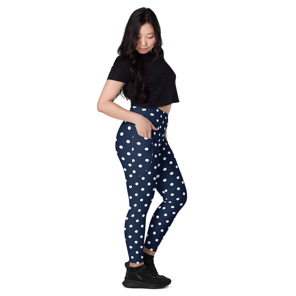 Women’s Navy Blue Polka Dot Yoga Leggings With Pockets – High-Waisted, Soft Compression Active Pants