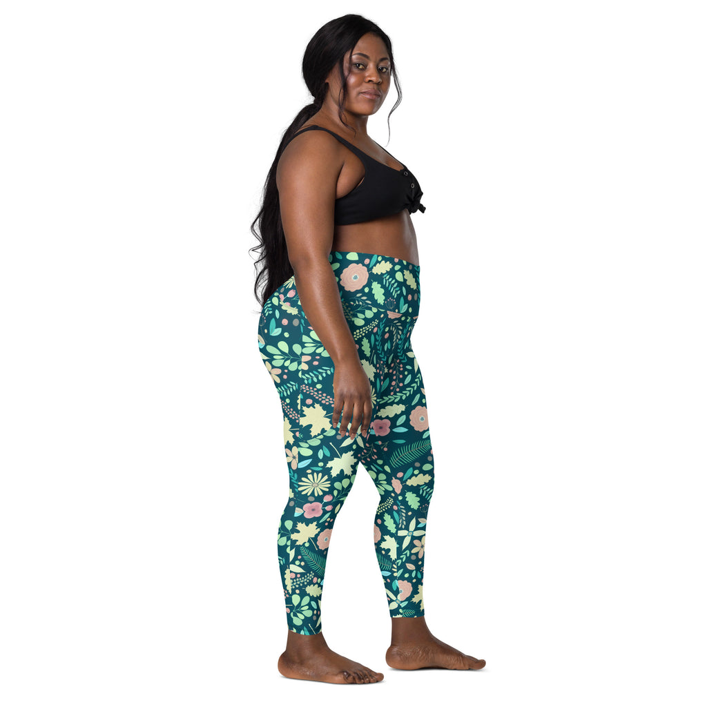 Women’s Green Fall Floral Yoga Leggings With Pockets – High-Waisted, Soft Compression Active Pants