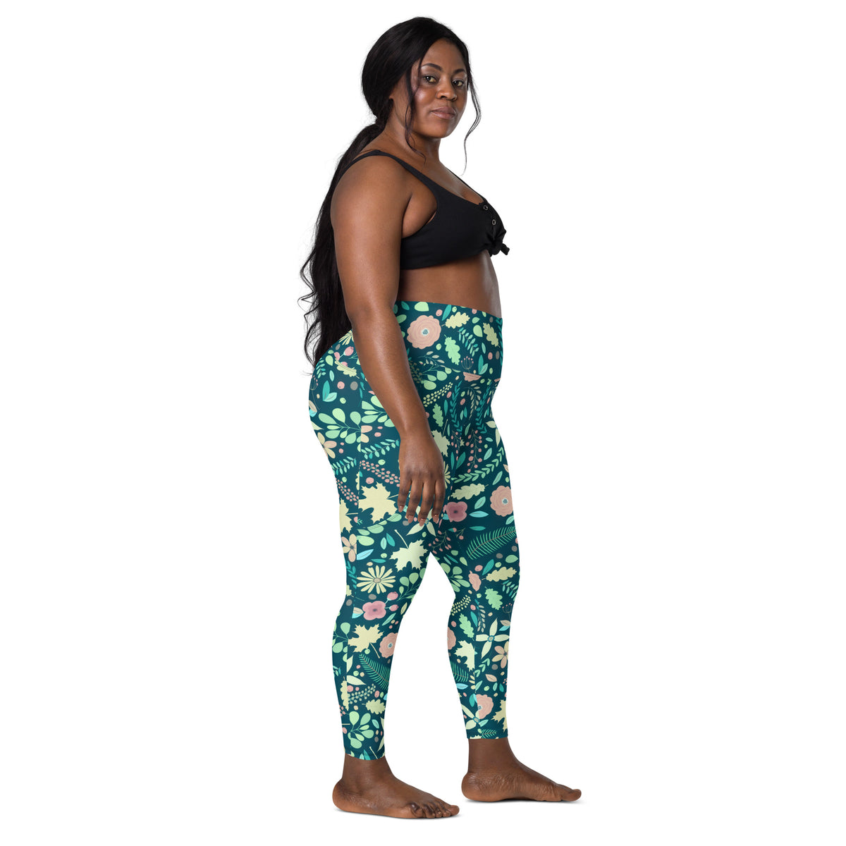 Women’s Green Fall Floral Yoga Leggings With Pockets – High-Waisted, Soft Compression Active Pants