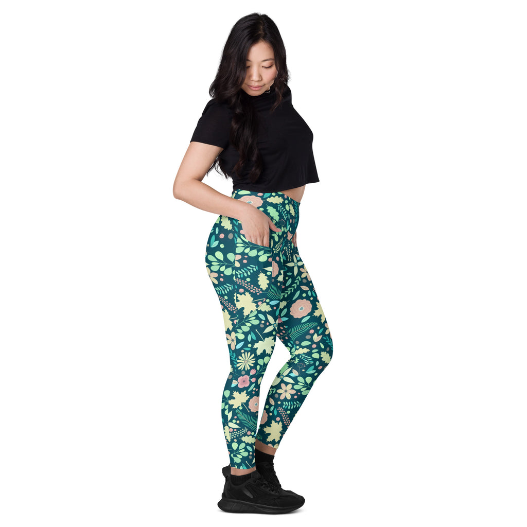 Women’s Green Fall Floral Yoga Leggings With Pockets – High-Waisted, Soft Compression Active Pants