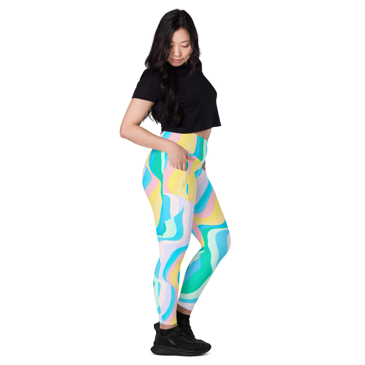Women’s Pastel Rainbow Wave Yoga Leggings With Pockets – High-Waisted, Soft Compression Active Pants