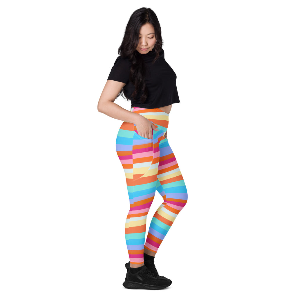 Women’s Colorful Striped Waves Yoga Leggings With Pockets – High-Waisted, Soft Compression Active Pants