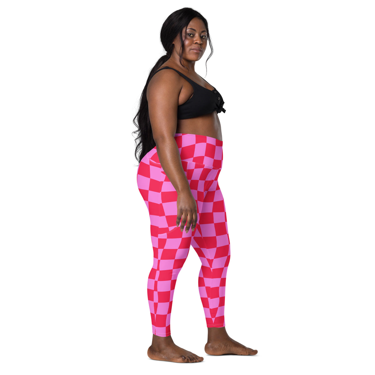 Women’s Pink Checkered Yoga Leggings With Pockets – High-Waisted, Soft Compression Active Pants