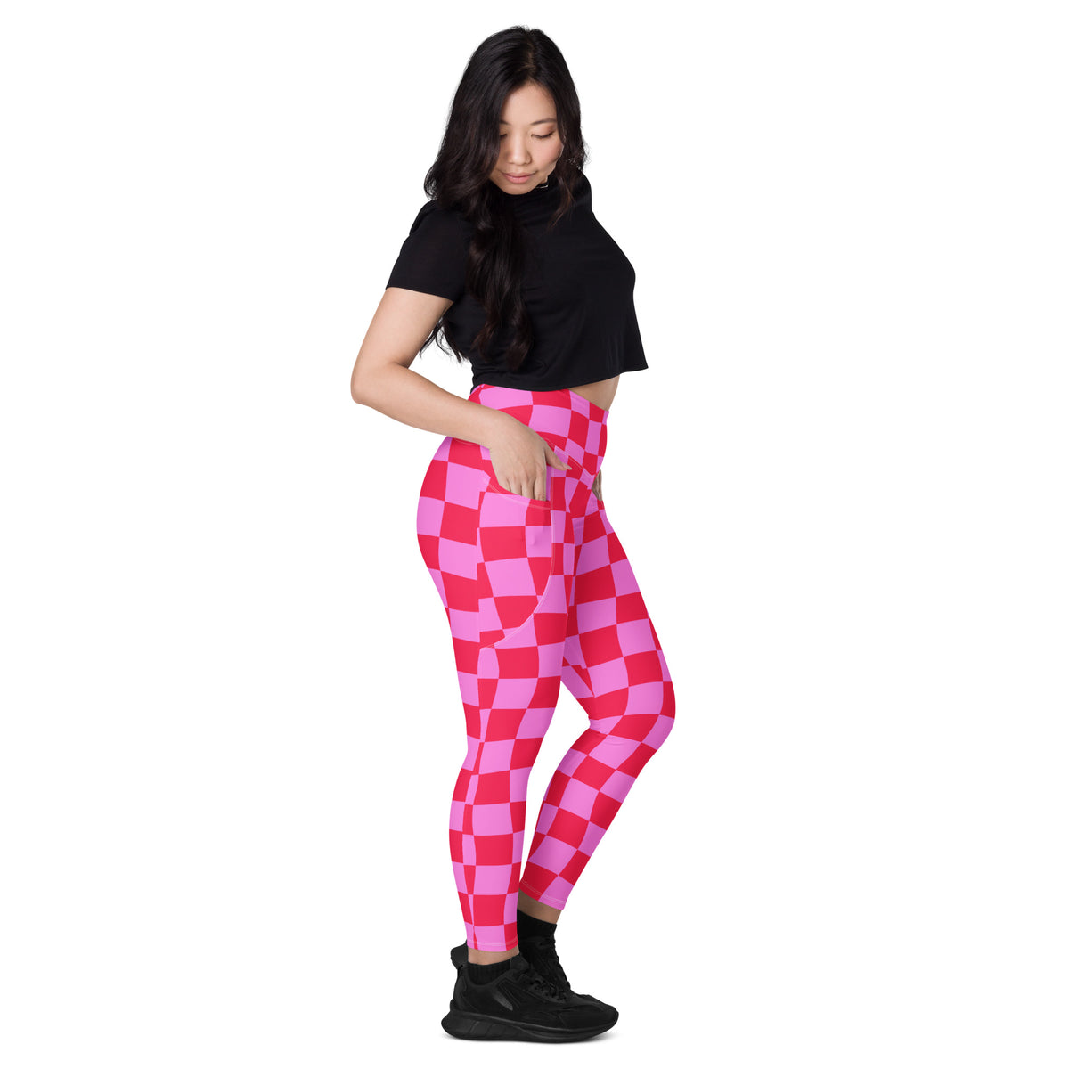 Women’s Pink Checkered Yoga Leggings With Pockets – High-Waisted, Soft Compression Active Pants