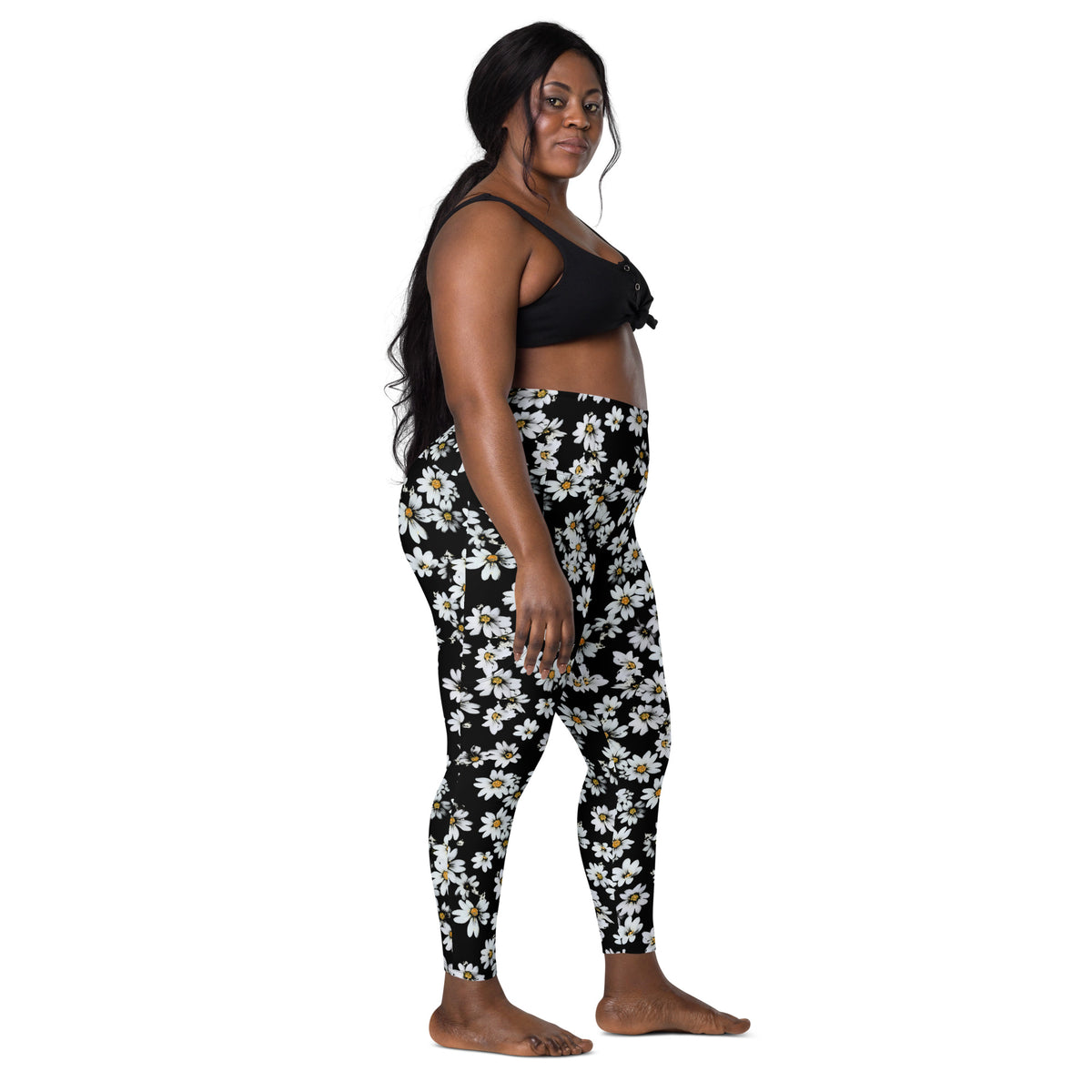 Women’s Black Daisy Yoga Leggings With Pockets – High-Waisted, Soft Compression Active Pants