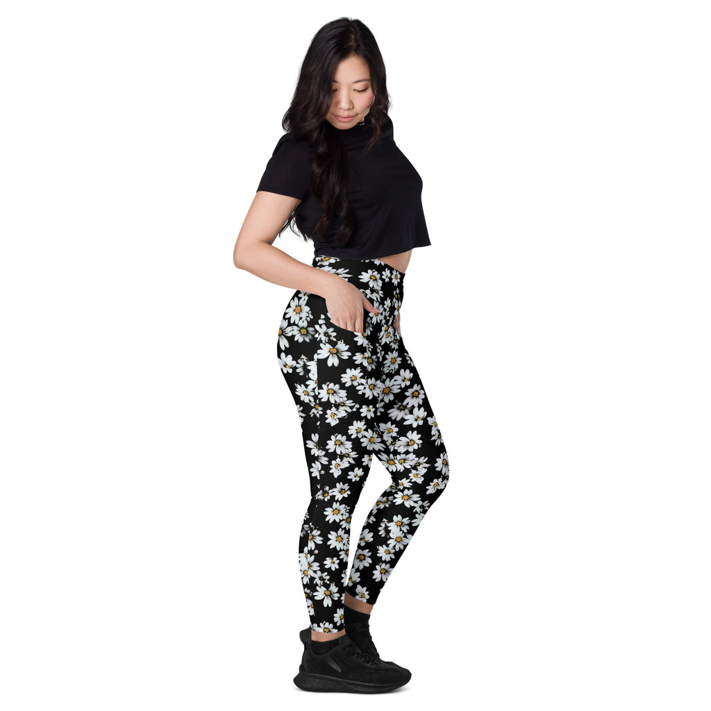 Women’s Black Daisy Yoga Leggings With Pockets – High-Waisted, Soft Compression Active Pants