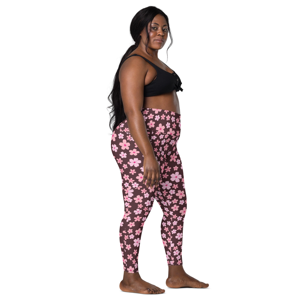 Women’s Pink Cherry Blossom Yoga Leggings With Pockets – High-Waisted, Soft Compression Active Pants