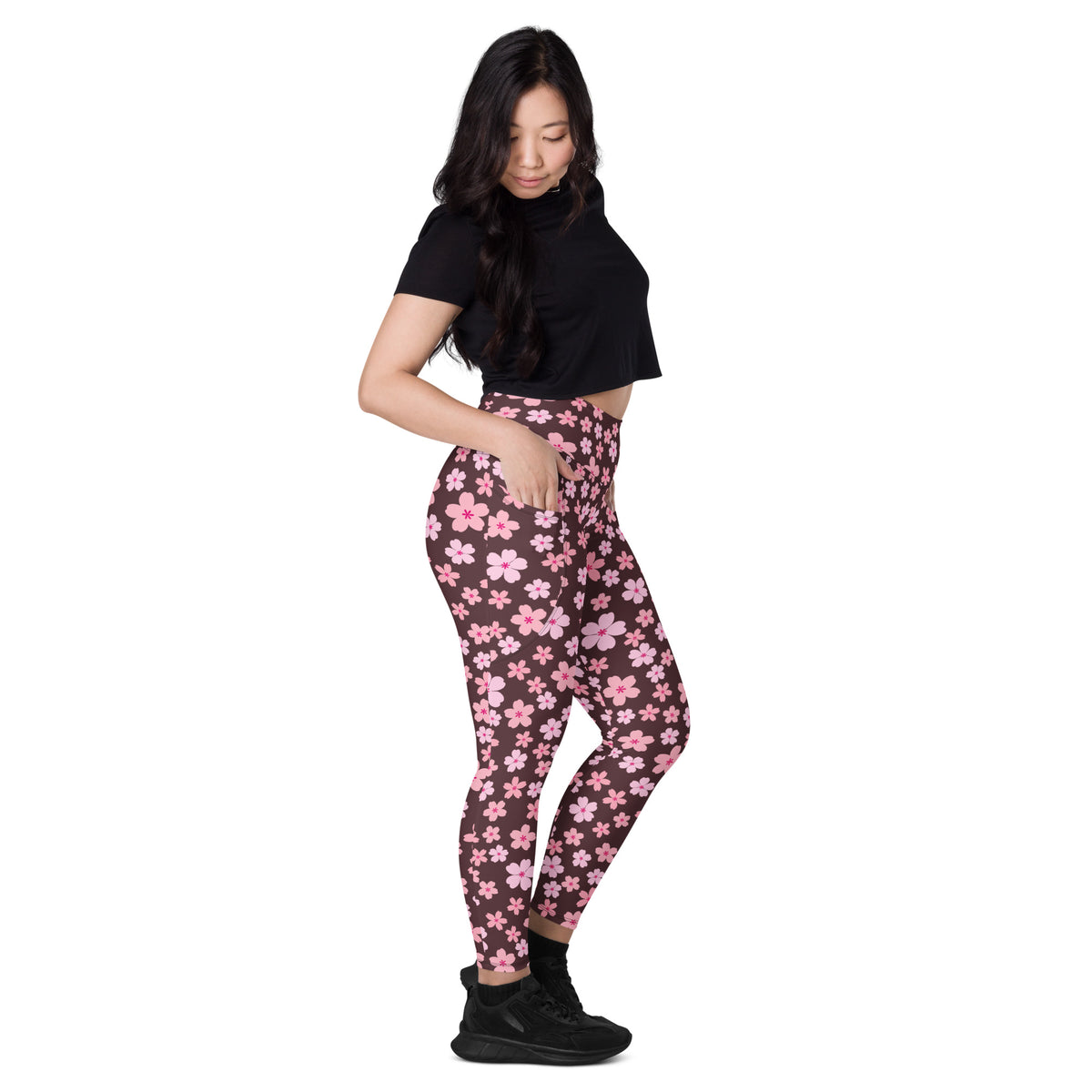 Women’s Pink Cherry Blossom Yoga Leggings With Pockets – High-Waisted, Soft Compression Active Pants