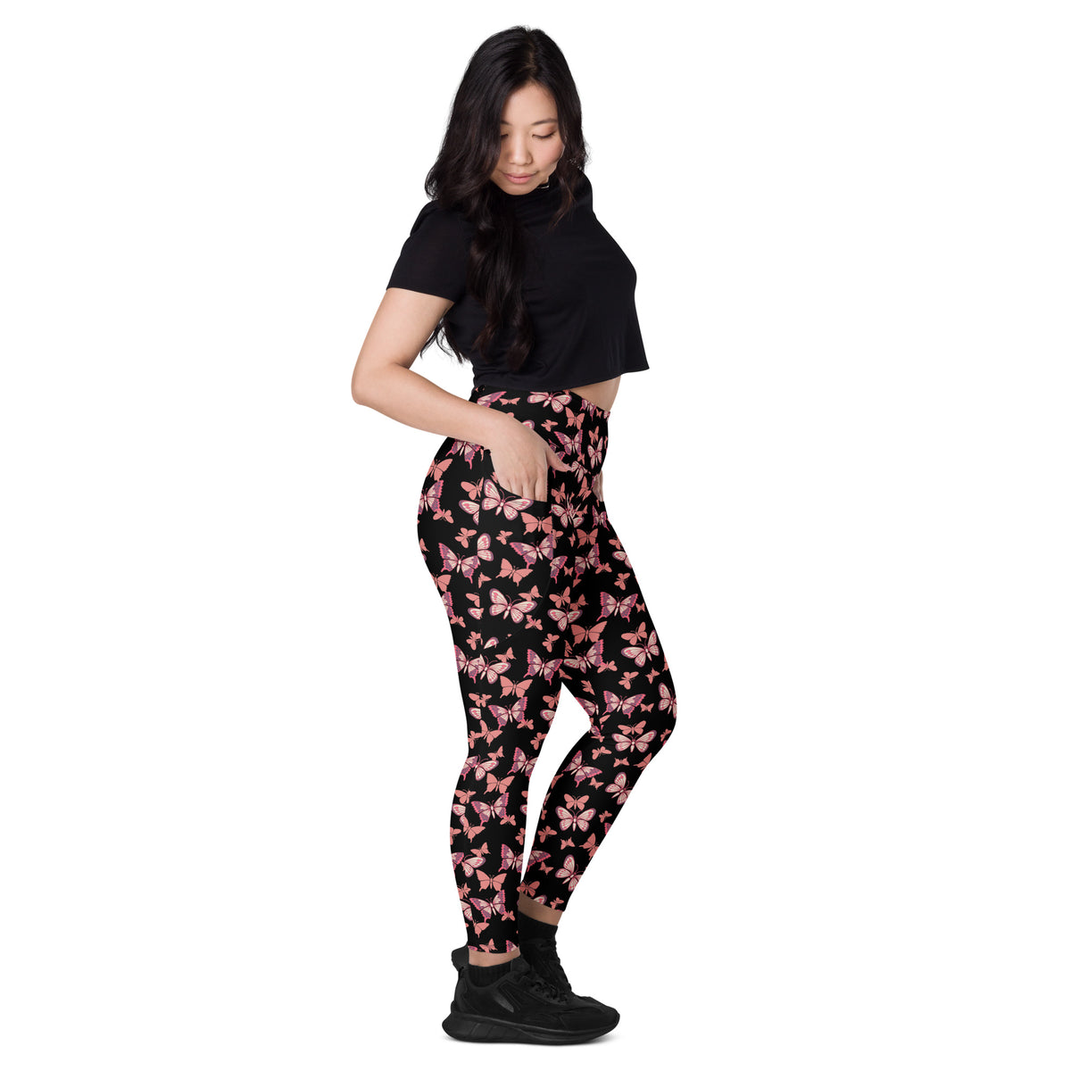Women’s Vibrant Pink Butterfly Yoga Leggings With Pockets – High-Waisted, Soft Compression Active Pants
