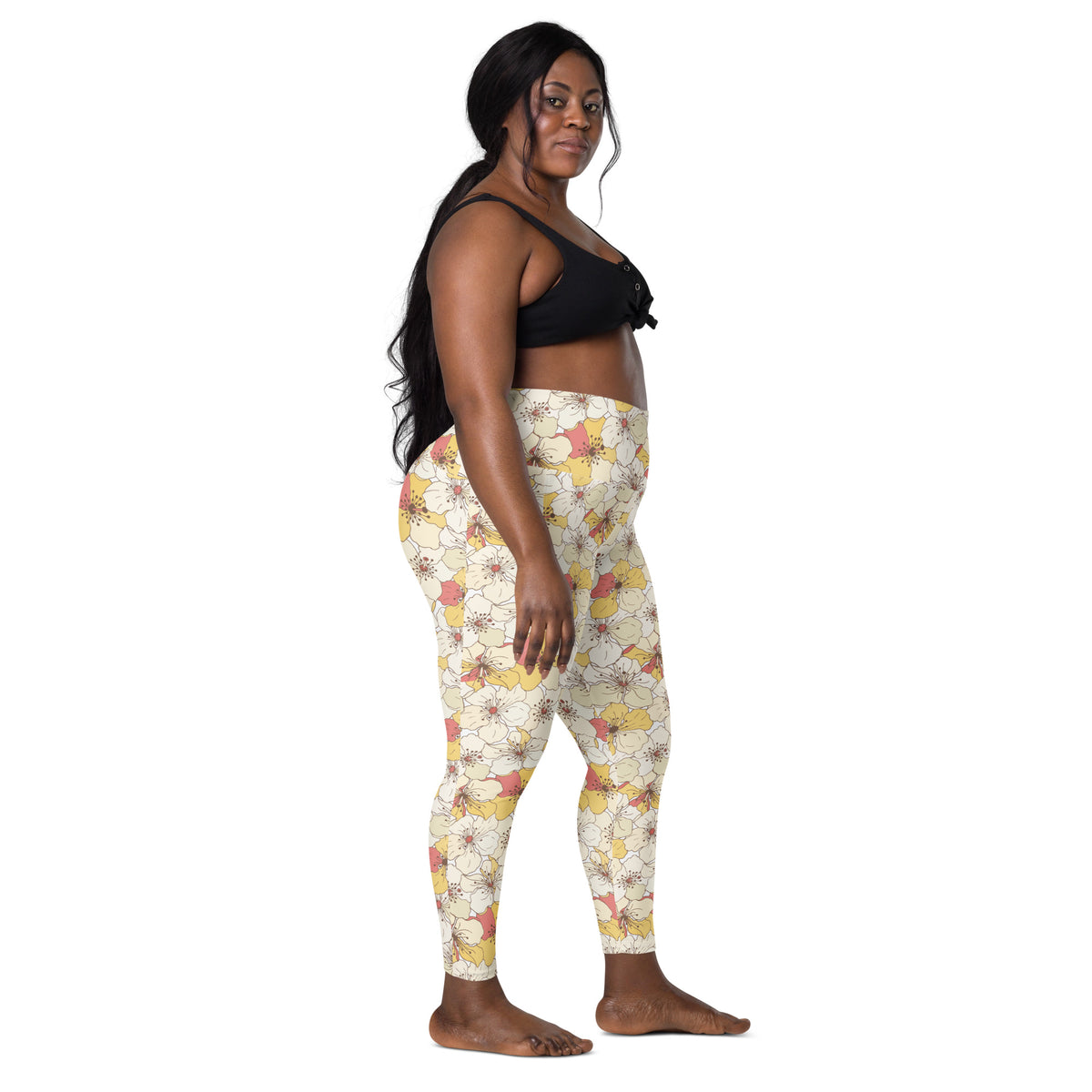 Women’s Yellow Floral Yoga Leggings With Pockets – High-Waisted, Soft Compression Active Pants