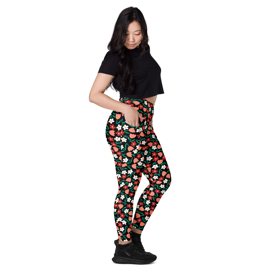 Women’s Black Floral Yoga Leggings With Pockets – High-Waisted, Soft Compression Active Pants
