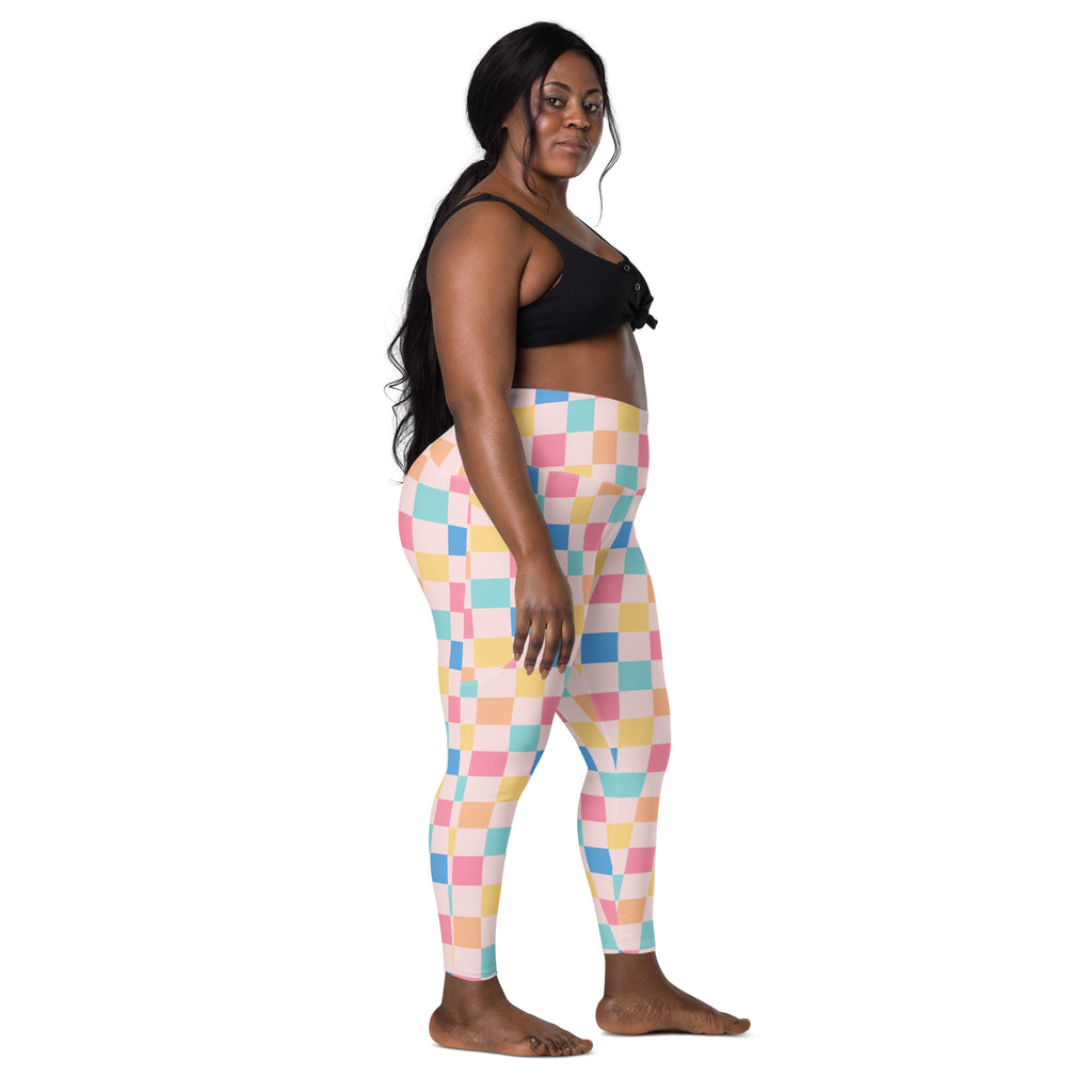 Women’s Colorful Pastel Checkered Yoga Leggings With Pockets – High-Waisted, Soft Compression Active Pants