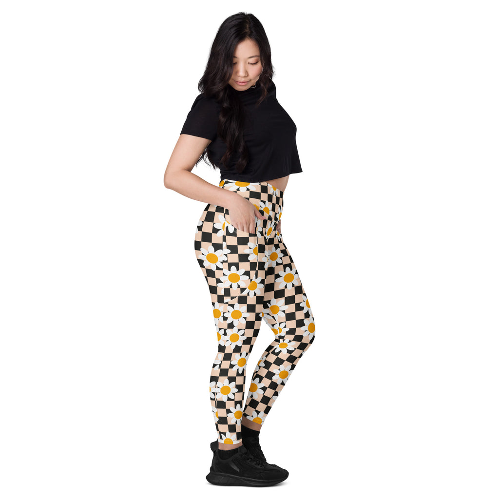 Women’s Daisy Checkered Yoga Leggings With Pockets – High-Waisted, Soft Compression Active Pants