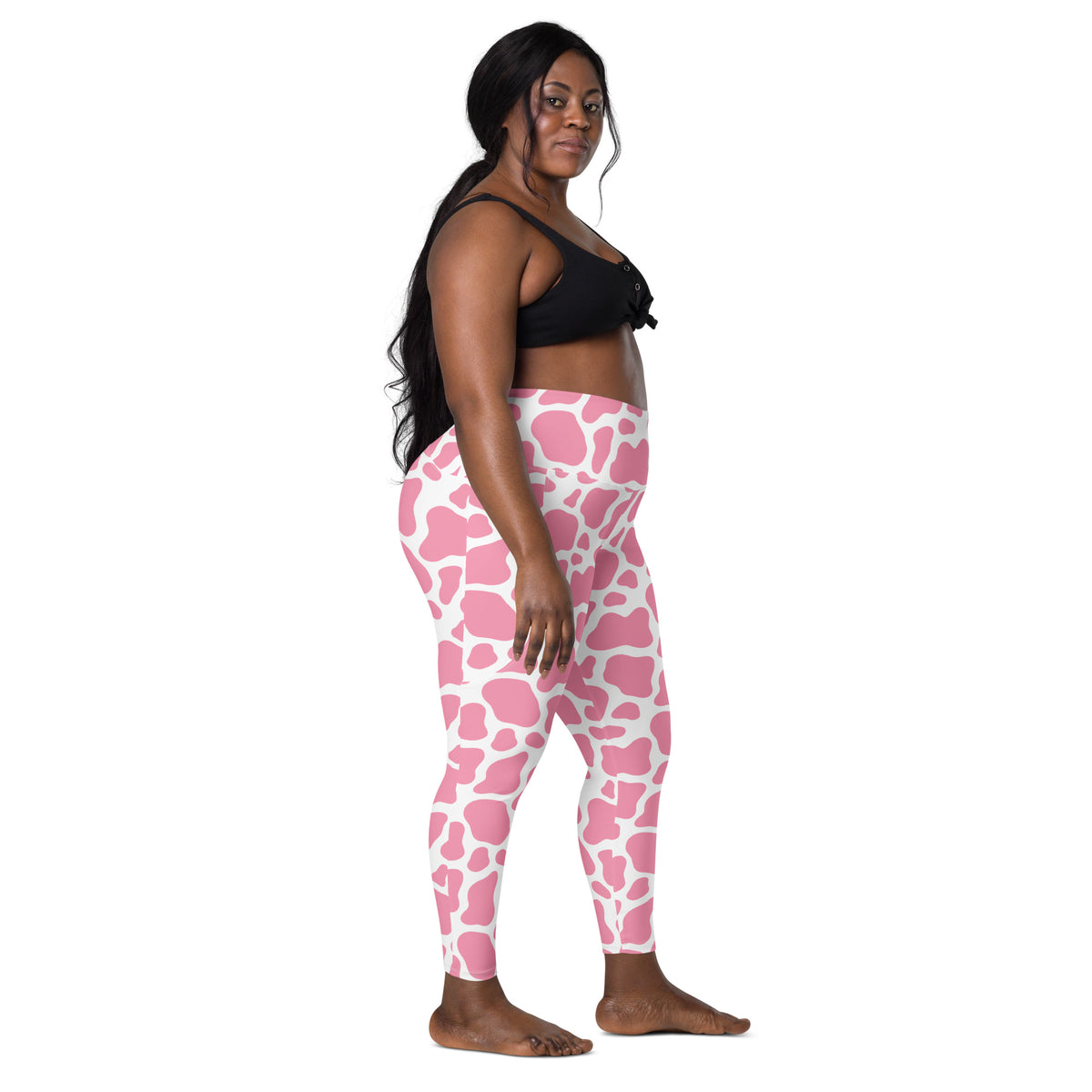 Women’s Pink Cow Print Yoga Leggings With Pockets – High-Waisted, Soft Compression Active Pants