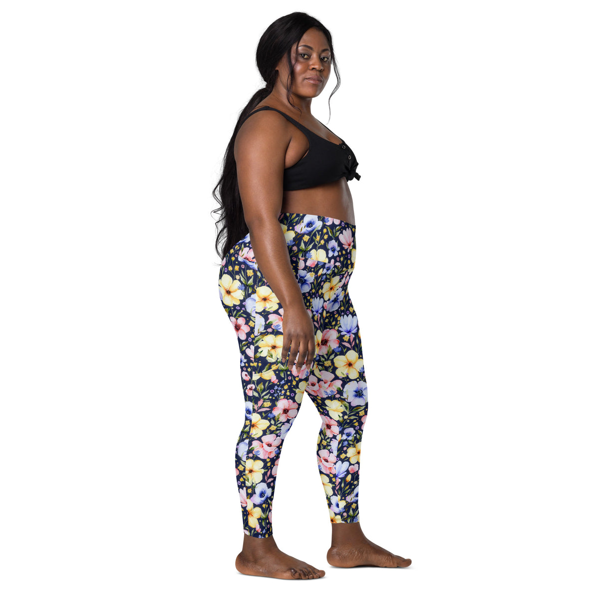 Women’s Watercolor Wildflower Yoga Leggings With Pockets – High-Waisted, Soft Compression Active Pants