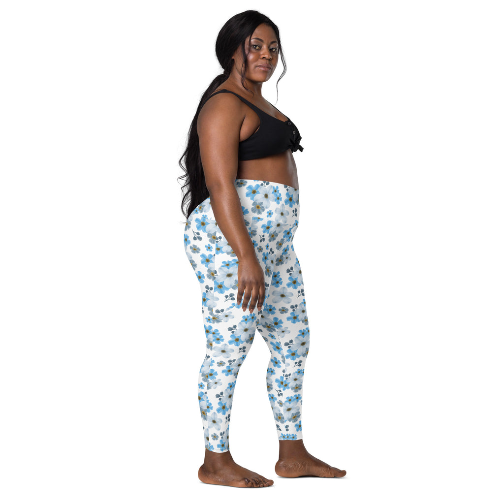 Women’s Blue Floral Yoga Leggings With Pockets – High-Waisted, Soft Compression Active Pants