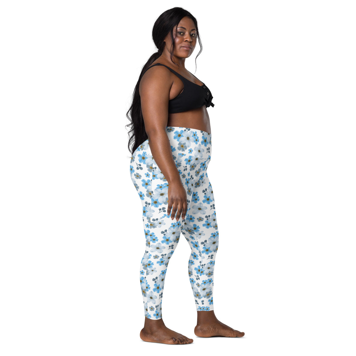 Women’s Blue Floral Yoga Leggings With Pockets – High-Waisted, Soft Compression Active Pants