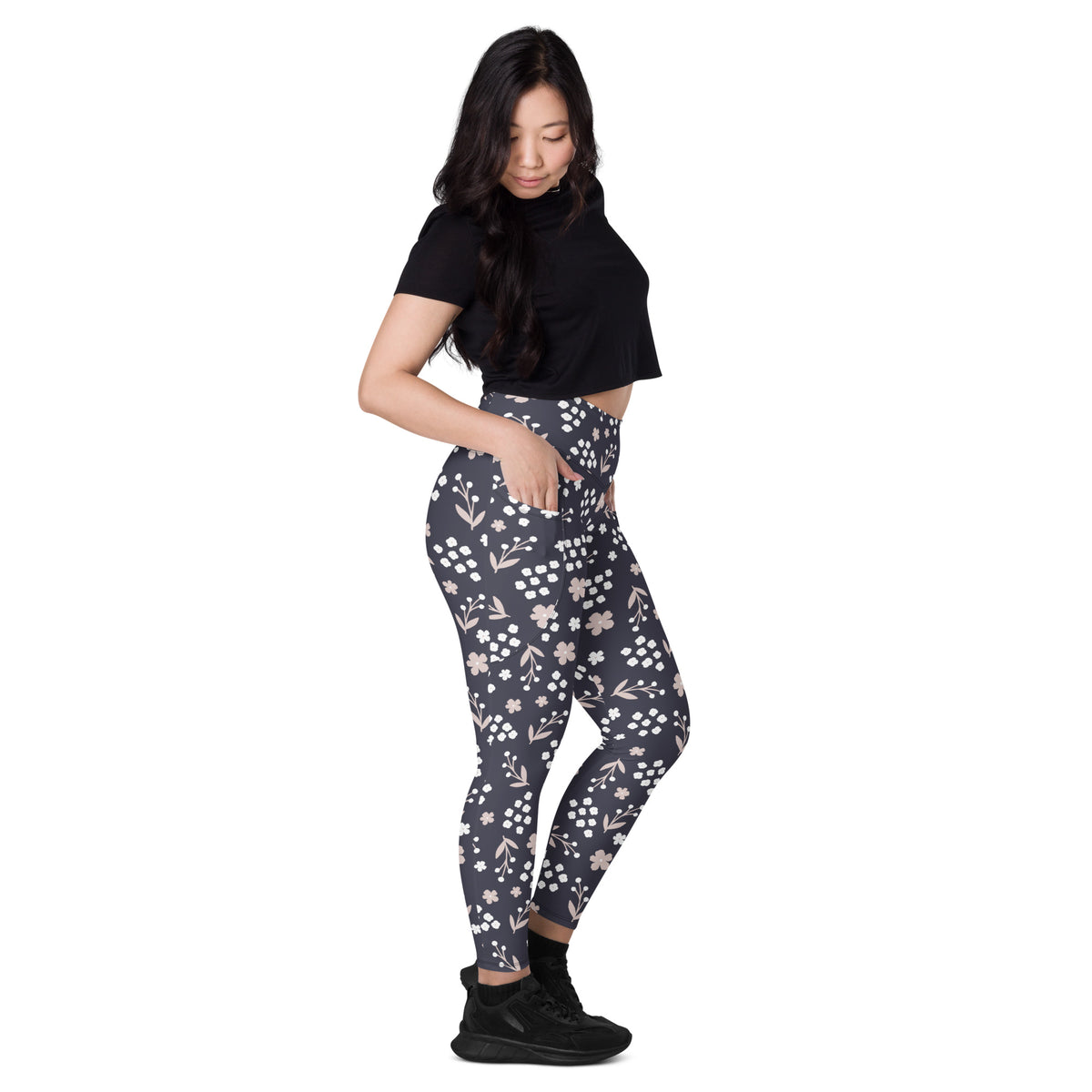 Women’s Dark Floral Yoga Leggings With Pockets – High-Waisted, Soft Compression Active Pants