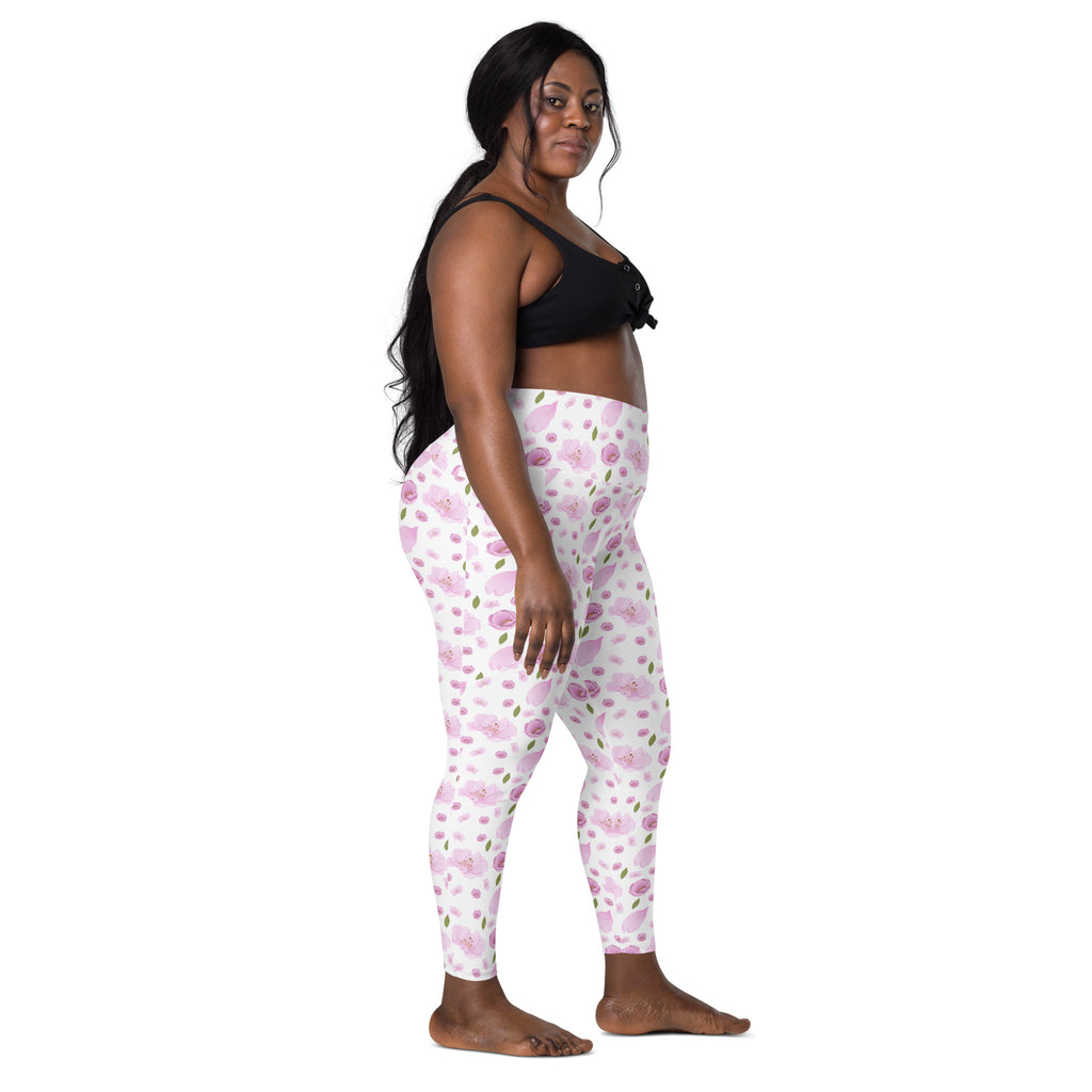 Women’s Pink Watercolor Floral Yoga Leggings With Pockets – High-Waisted, Soft Compression Active Pants