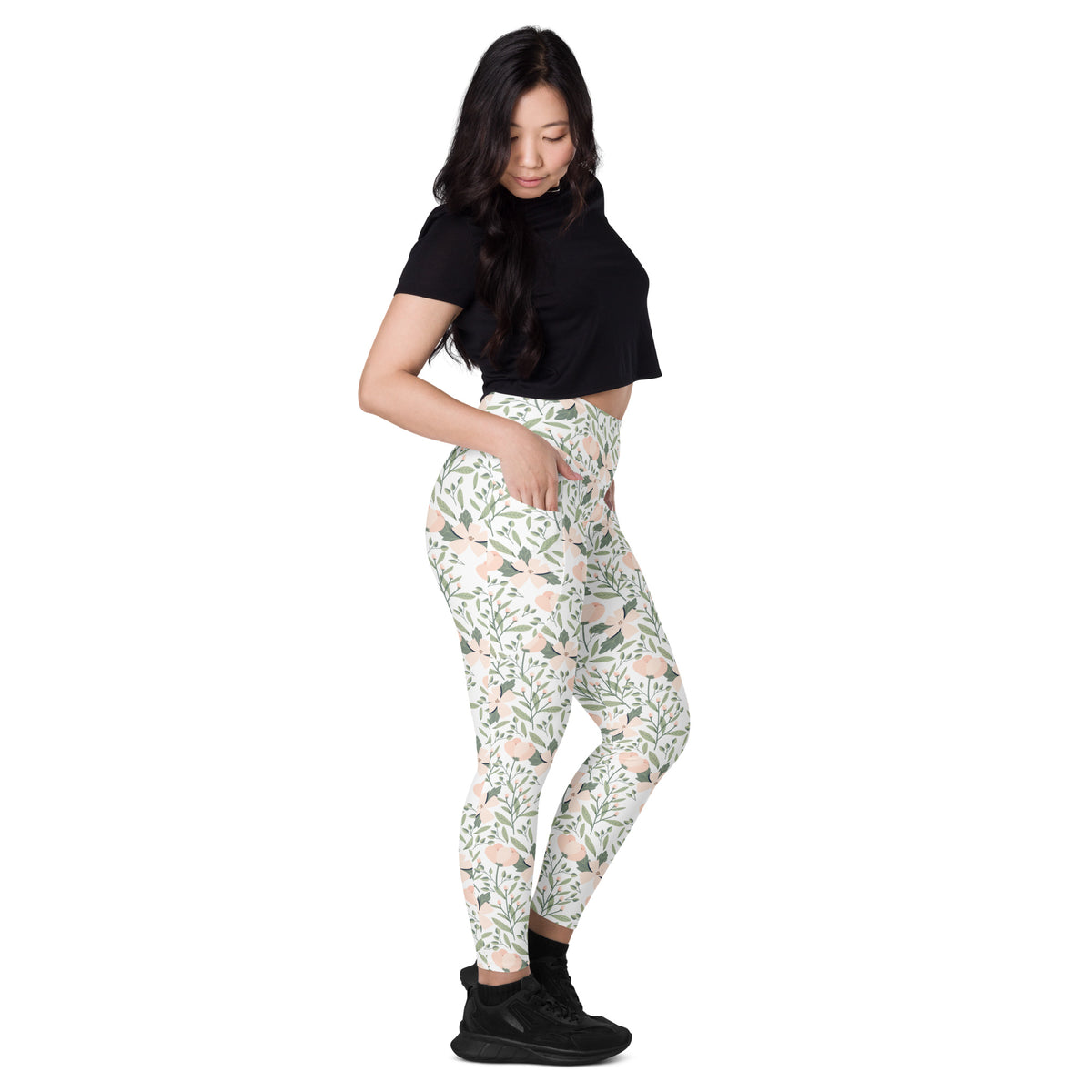 Women’s Blush Floral Yoga Leggings With Pockets – High-Waisted, Soft Compression Active Pants