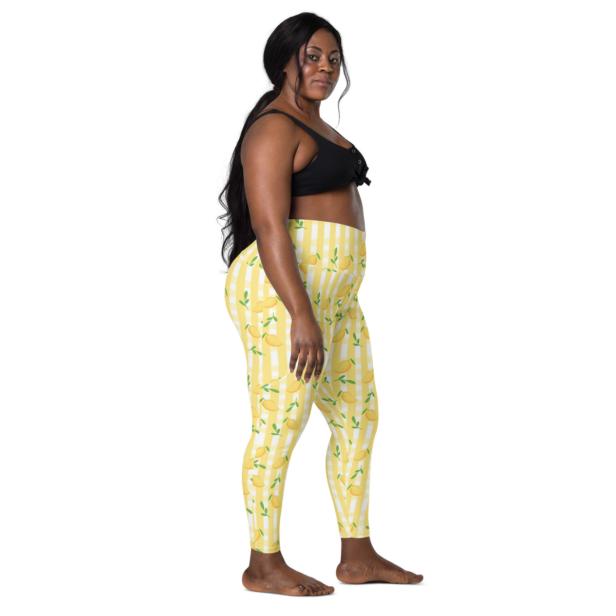 Women’s Yellow Mango Gingham Yoga Leggings With Pockets – High-Waisted, Soft Compression Active Pants