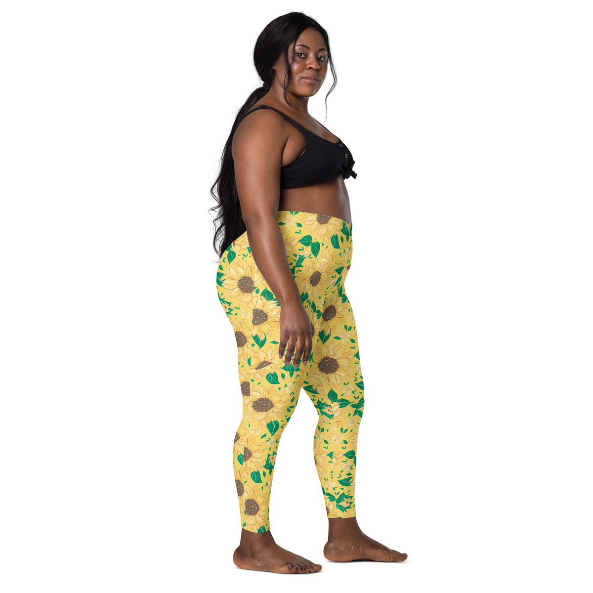 Women’s Watercolor Sunflower Yoga Leggings With Pockets – High-Waisted, Soft Compression Active Pants