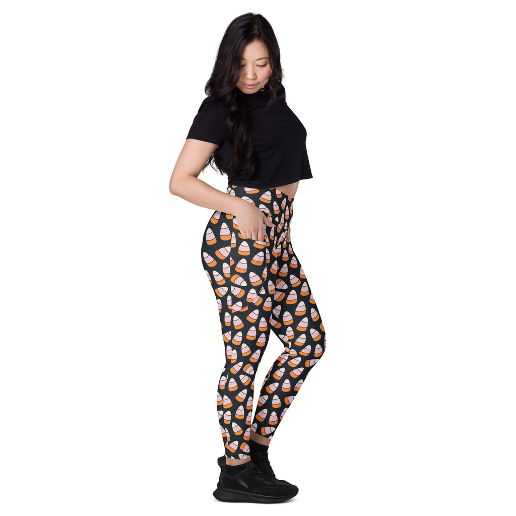 Women’s Pink & Orange Candy Corn Halloween Yoga Leggings With Pockets – High-Waisted, Soft Compression Active Pants