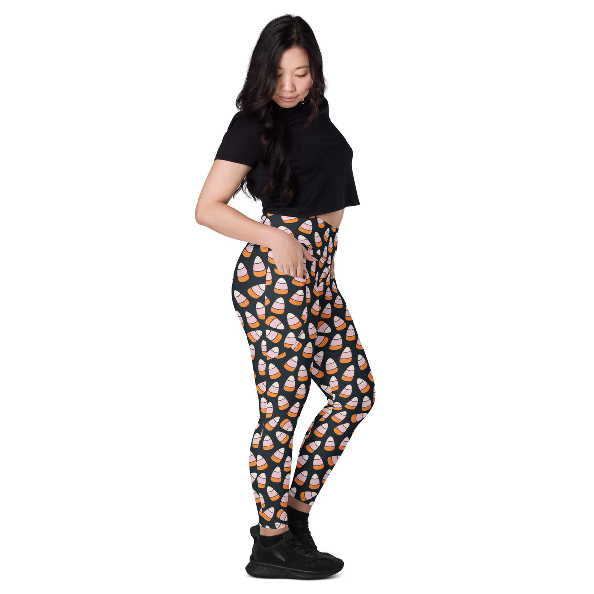 Women’s Pink & Orange Candy Corn Halloween Yoga Leggings With Pockets – High-Waisted, Soft Compression Active Pants