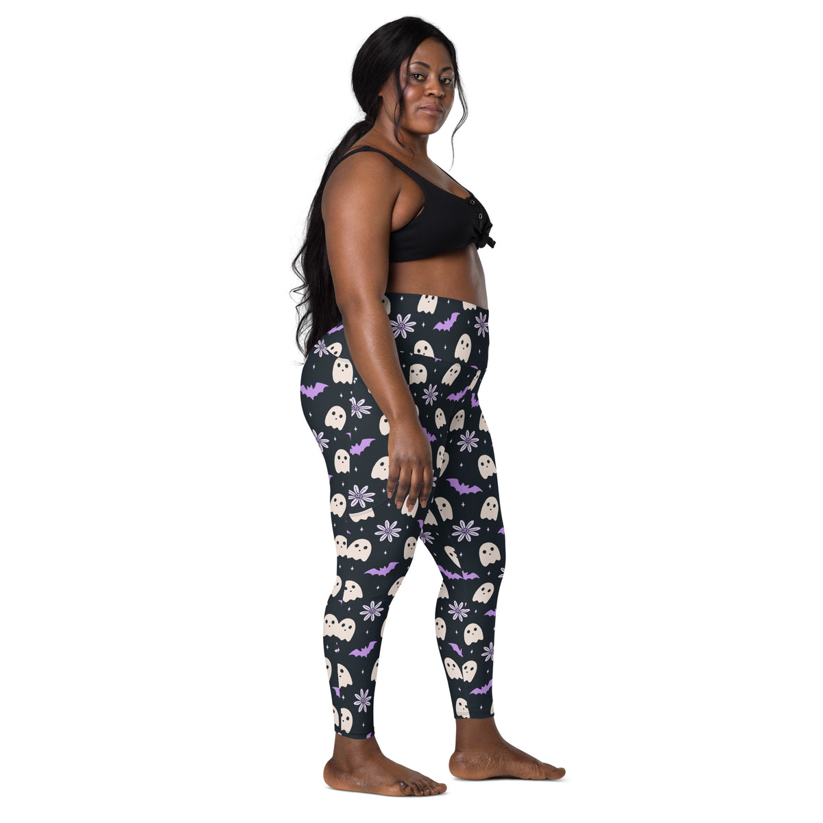 Women’s Purple Floral Ghost Halloween Yoga Leggings With Pockets – High-Waisted, Soft Compression Active Pants
