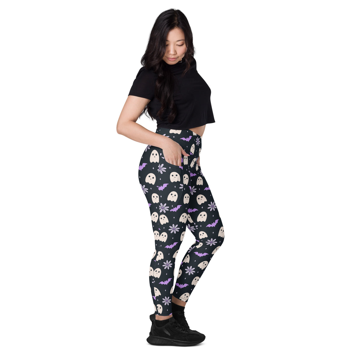 Women’s Purple Floral Ghost Halloween Yoga Leggings With Pockets – High-Waisted, Soft Compression Active Pants