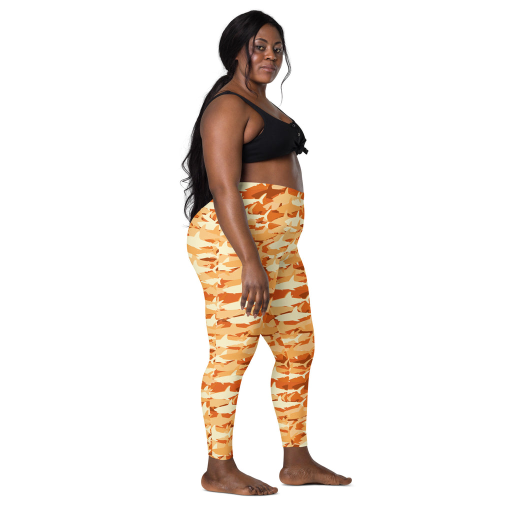 Women’s Orange Shark Camouflage Yoga Leggings With Pockets – High-Waisted, Soft Compression Active Pants