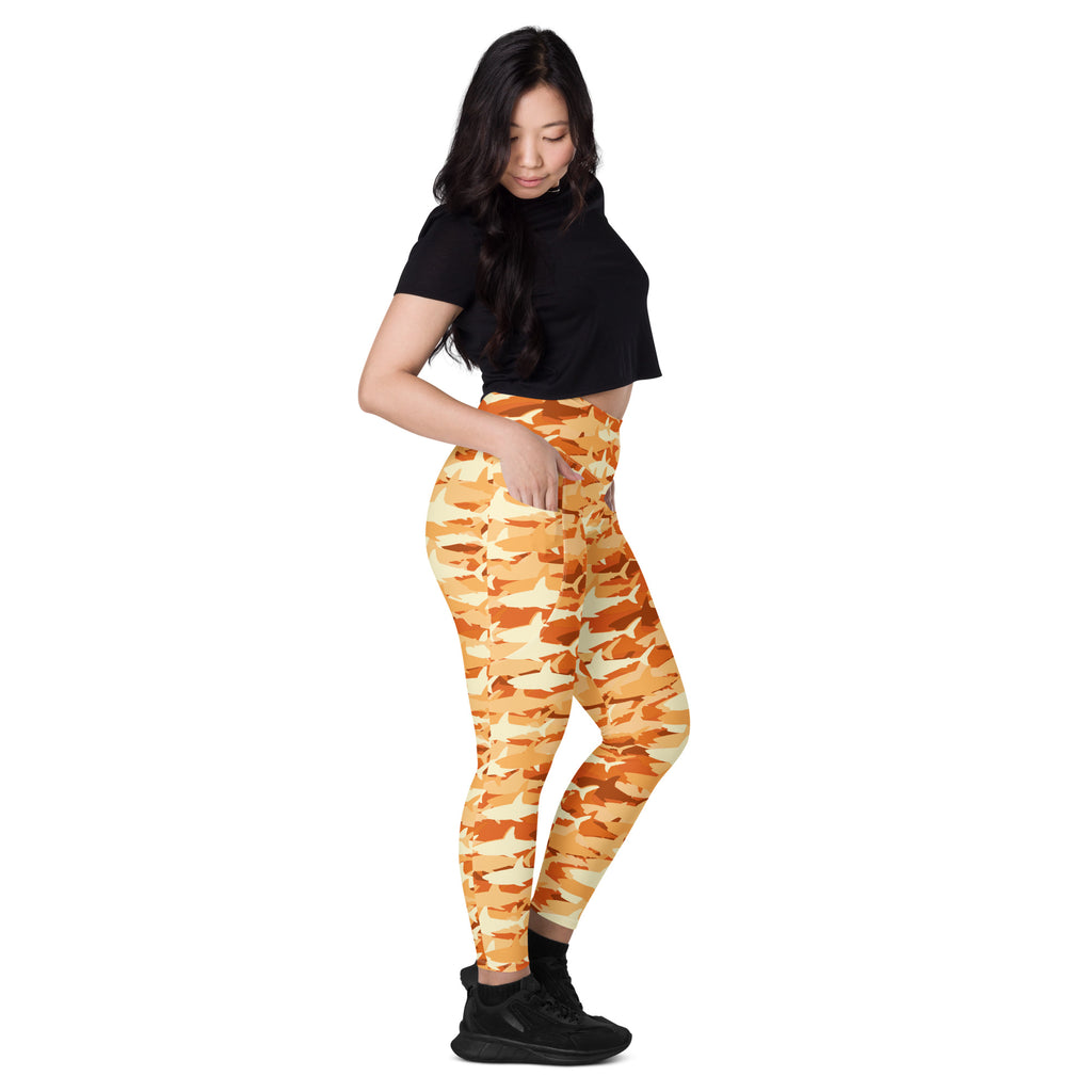 Women’s Orange Shark Camouflage Yoga Leggings With Pockets – High-Waisted, Soft Compression Active Pants