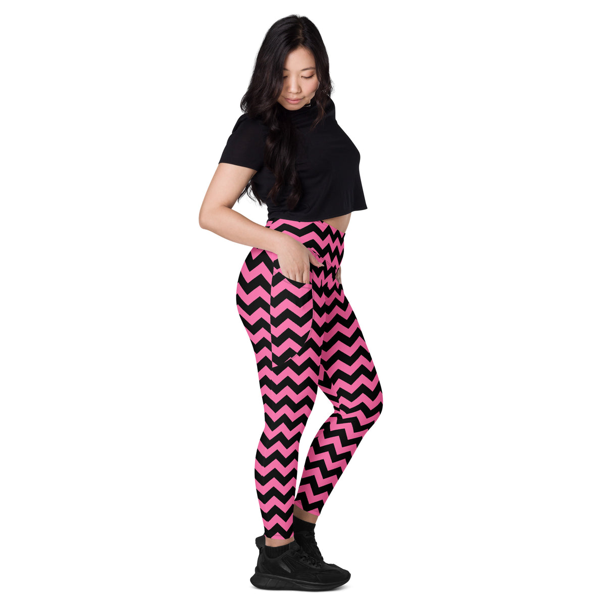 Women’s Pink Chevron Halloween Yoga Leggings With Pockets – High-Waisted, Soft Compression Active Pants