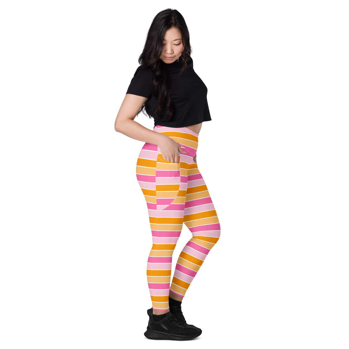 Women’s Pink & Orange Striped Candy Cane Yoga Leggings With Pockets – High-Waisted, Soft Compression Active Pants