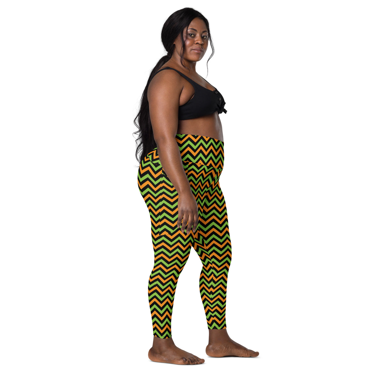 Women’s Orange Green & Black Chevron Halloween Yoga Leggings With Pockets – High-Waisted, Soft Compression Active Pants