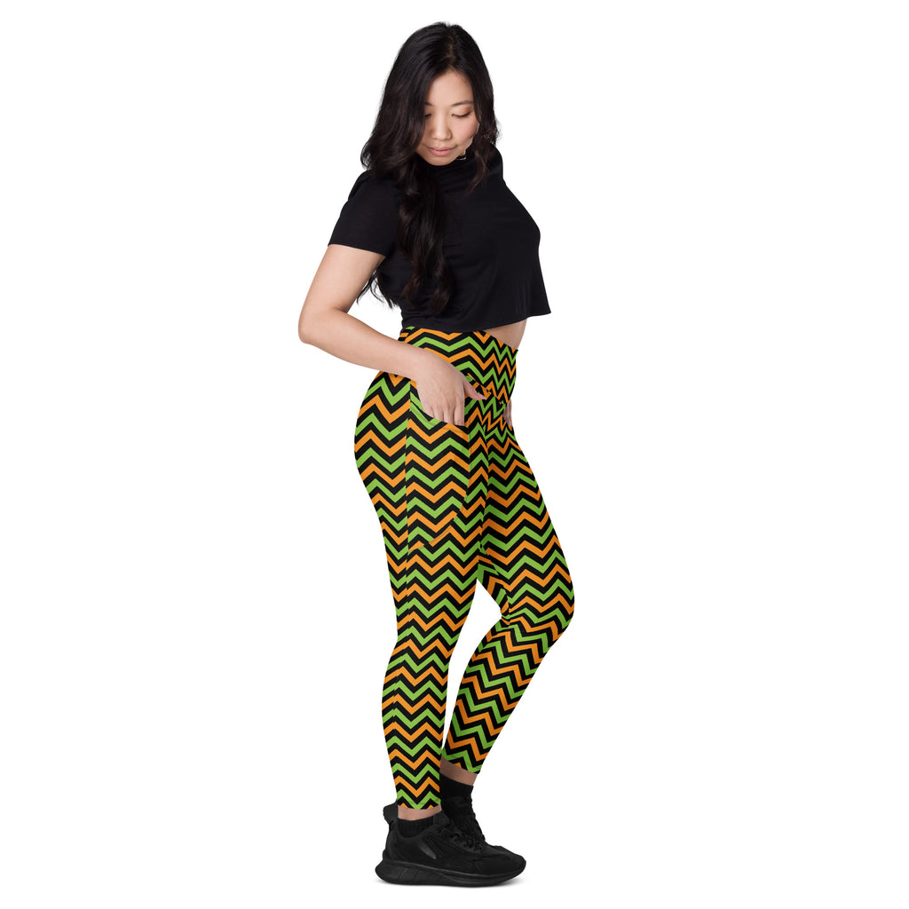 Women’s Orange Green & Black Chevron Halloween Yoga Leggings With Pockets – High-Waisted, Soft Compression Active Pants