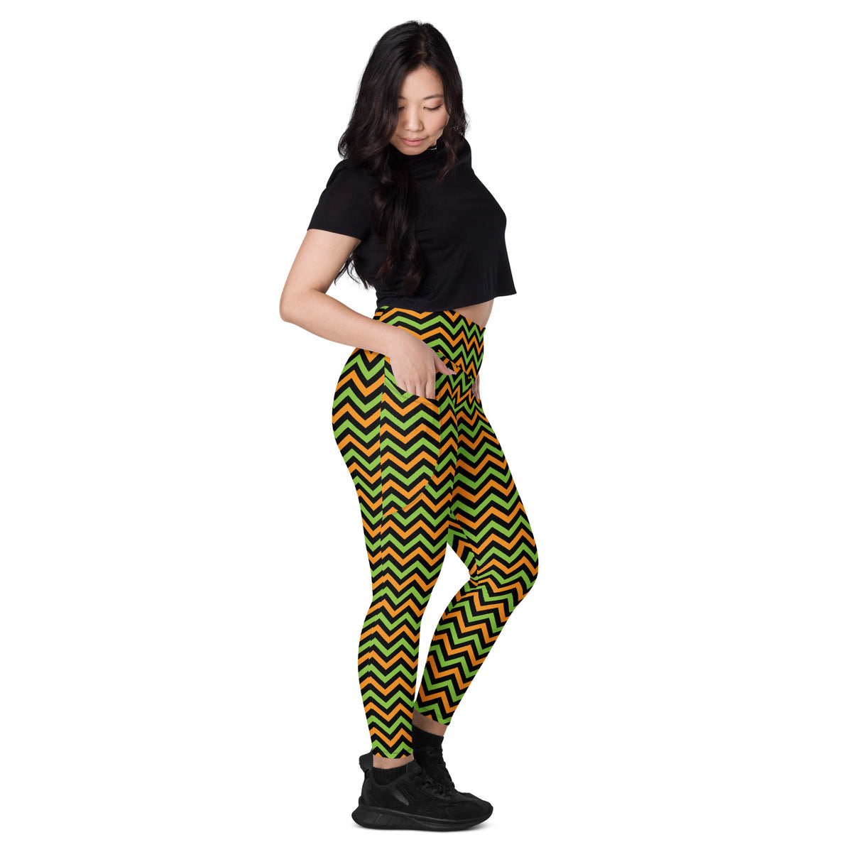 Women’s Orange Green & Black Chevron Halloween Yoga Leggings With Pockets – High-Waisted, Soft Compression Active Pants