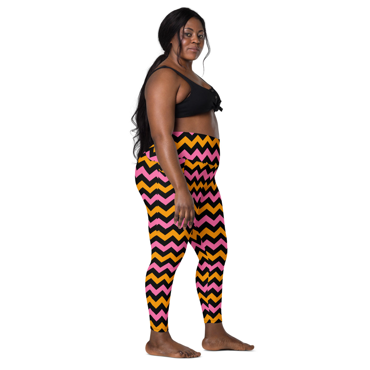 Women’s Pink & Orange Chevron Halloween Yoga Leggings With Pockets – High-Waisted, Soft Compression Active Pants