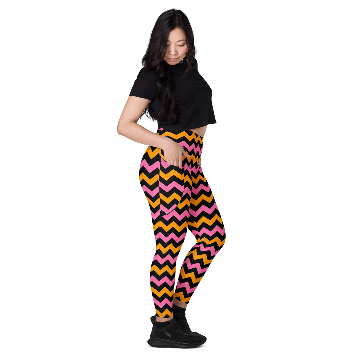Women’s Pink & Orange Chevron Halloween Yoga Leggings With Pockets – High-Waisted, Soft Compression Active Pants