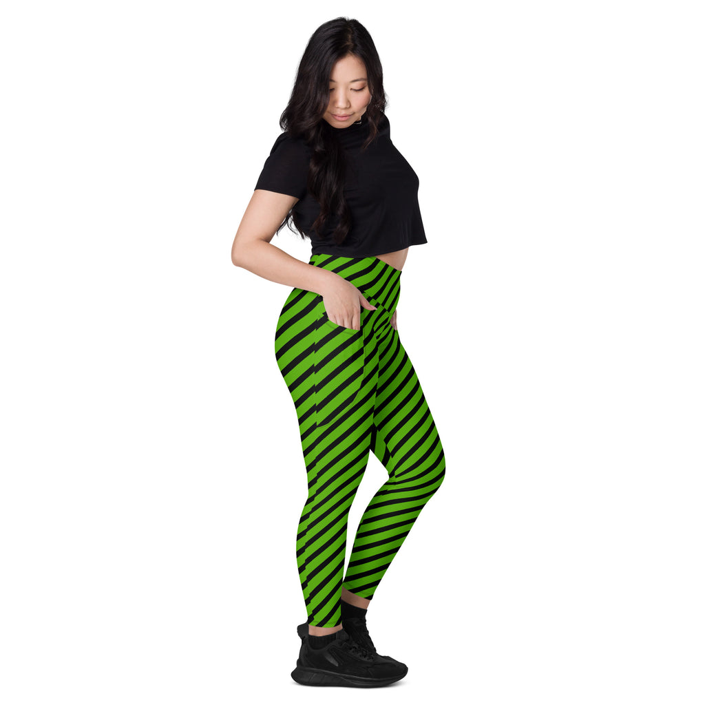 Women’s Green Striped Halloween Yoga Leggings With Pockets – High-Waisted, Soft Compression Active Pants