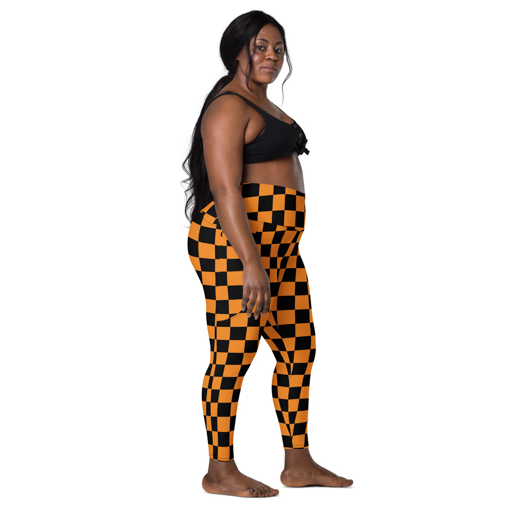 Women’s Orange Checkered Halloween Yoga Leggings With Pockets – High-Waisted, Soft Compression Active Pants