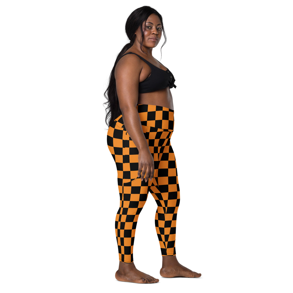 Women’s Orange Checkered Halloween Yoga Leggings With Pockets – High-Waisted, Soft Compression Active Pants