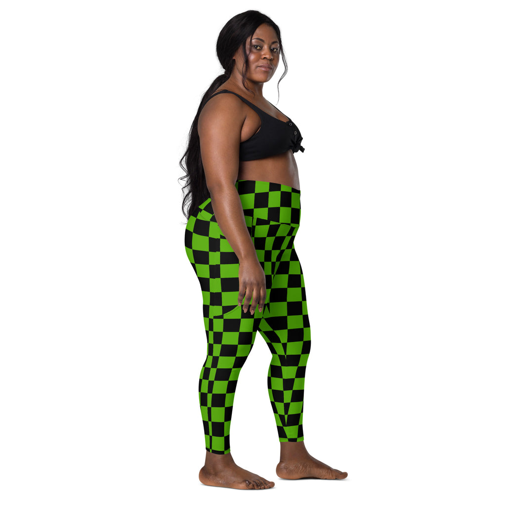 Women’s Green Checkered Halloween Yoga Leggings With Pockets – High-Waisted, Soft Compression Active Pants