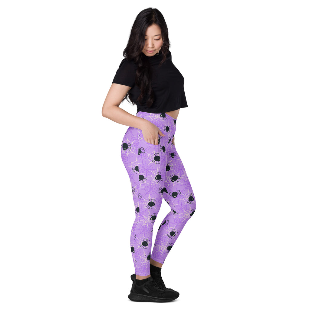 Women’s Purple Spider Web Halloween Yoga Leggings With Pockets – High-Waisted, Soft Compression Active Pants
