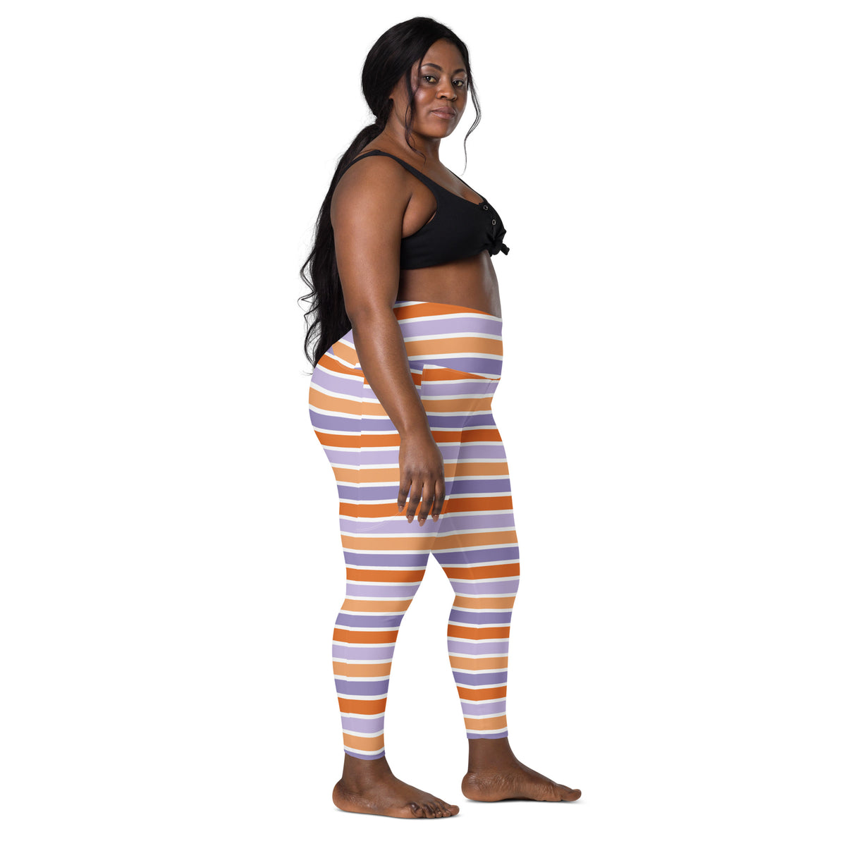 Women’s Orange Purple Striped Candy Cane Halloween Yoga Leggings With Pockets – High-Waisted, Soft Compression Active Pants